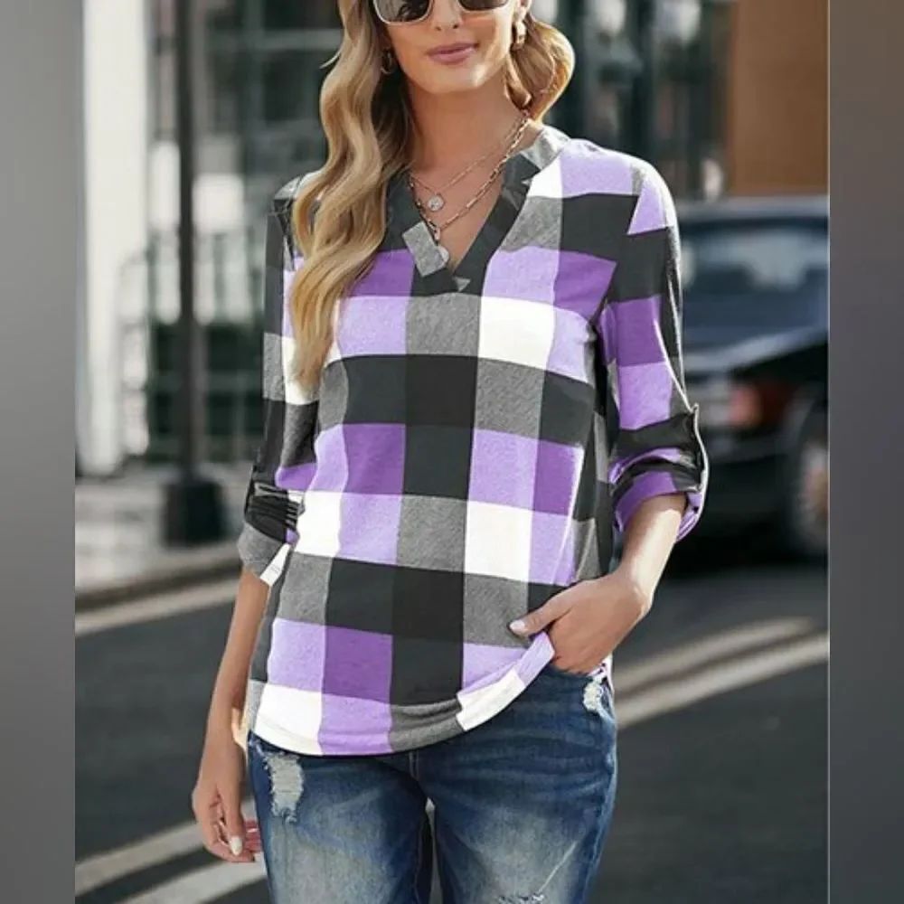 La Mode Plaid Notch Neck Long Sleeve Top sz XL